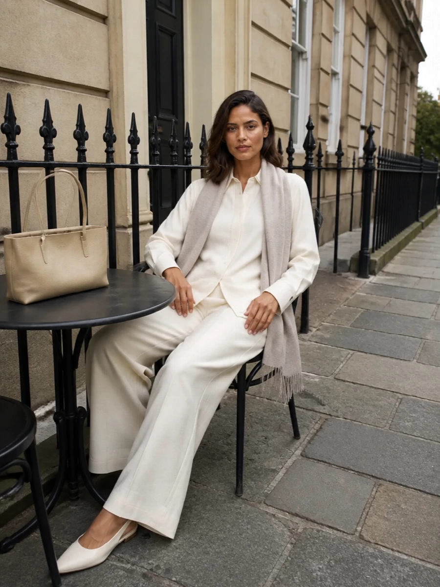 Jil sander ivory shirt wide leg trousers outfit