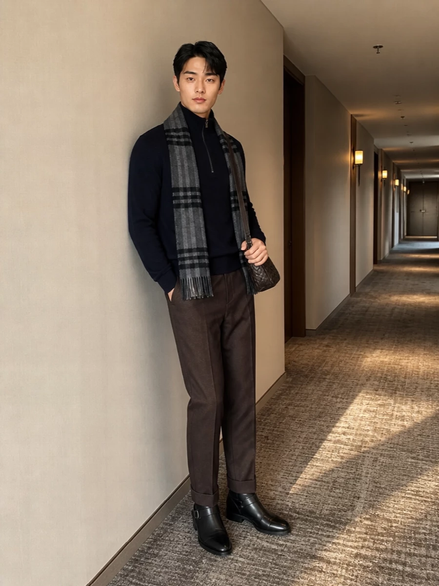 Burberry navy half zip brown tailored trousers