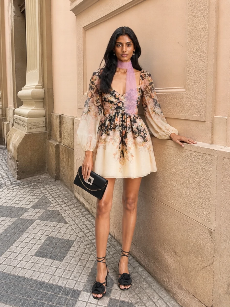 Zimmermann floral mini dress black heels clutch