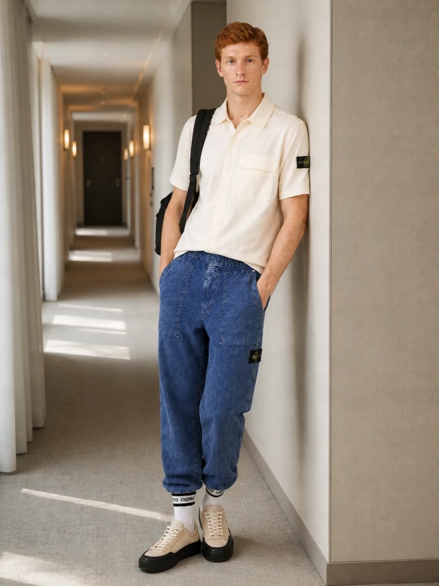 Indigo utility trousers meet an off-white camp shirt for a clean, easy take on Stone Island streetwear. Neutral technical sneakers and a black backpack keep the palette disciplined, letting the relaxed proportions do the work. It is a laid-back city uniform that feels considered without trying too hard.