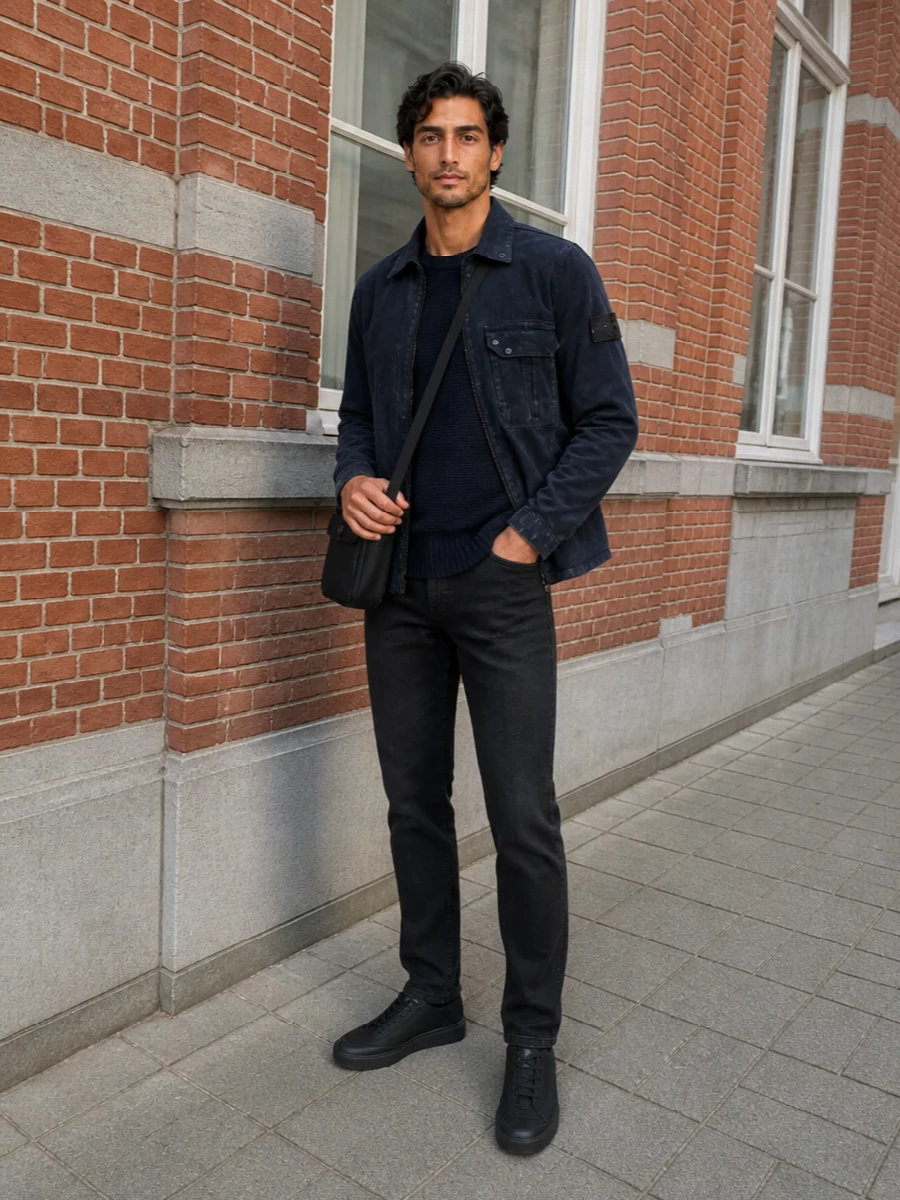 Stone island navy jacket black jeans outfit