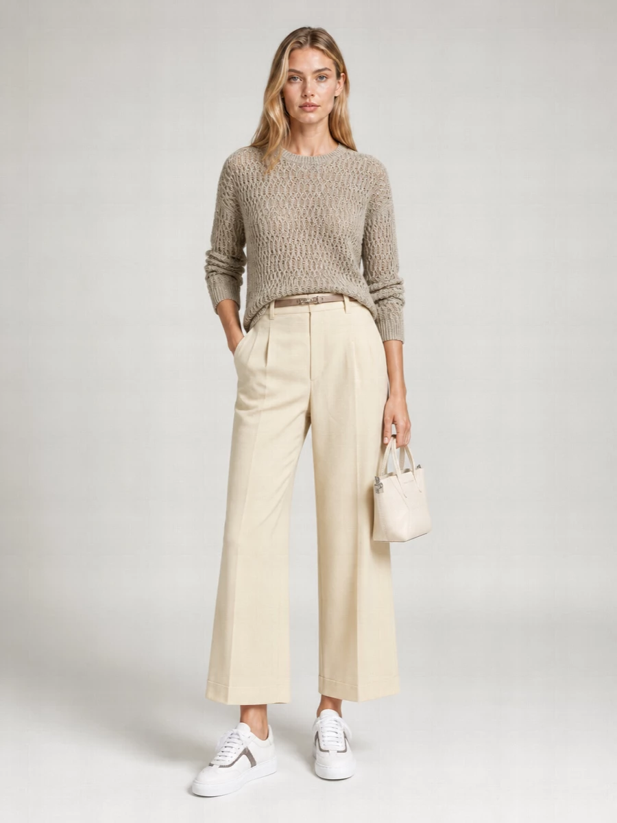 Brunello Cucinelli Openwork Linen-Blend Crew-Neck Long-Sleeve Sweater