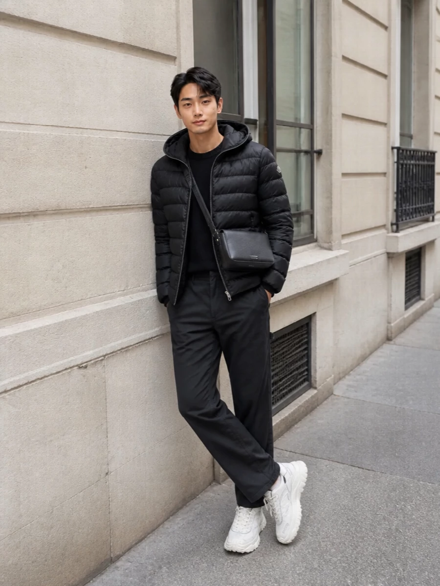 Moncler down jacket loewe crossbody outfit