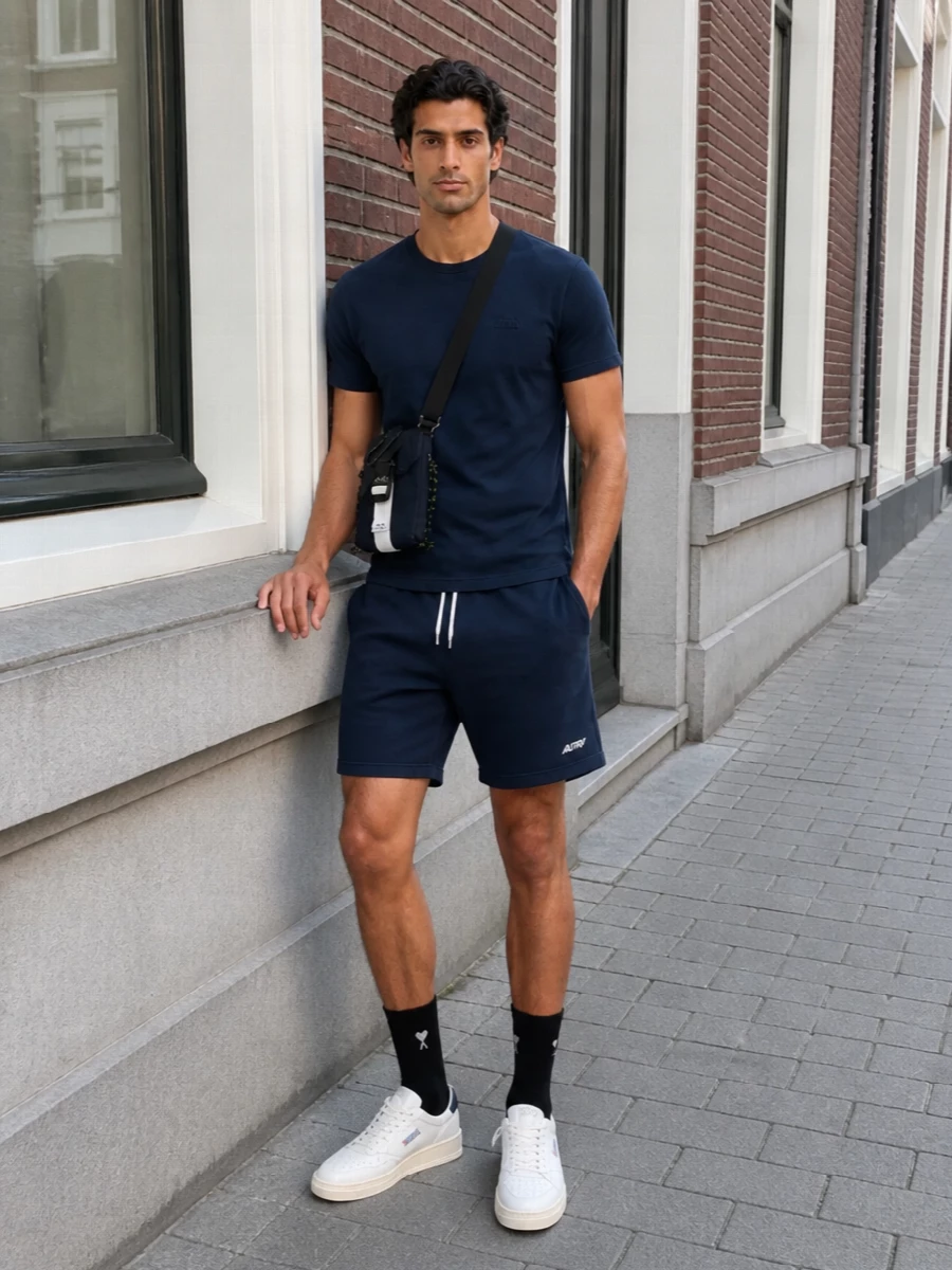Clean, court-driven navy on navy keeps this Autry set sharp but relaxed, with the tee and shorts reading as a modern uniform rather than loungewear. Off white and navy sneakers brighten the base without breaking the minimal mood, while the technical crossbody and discreet branded socks add small, functional details that feel thought through for city days and weekend movement.