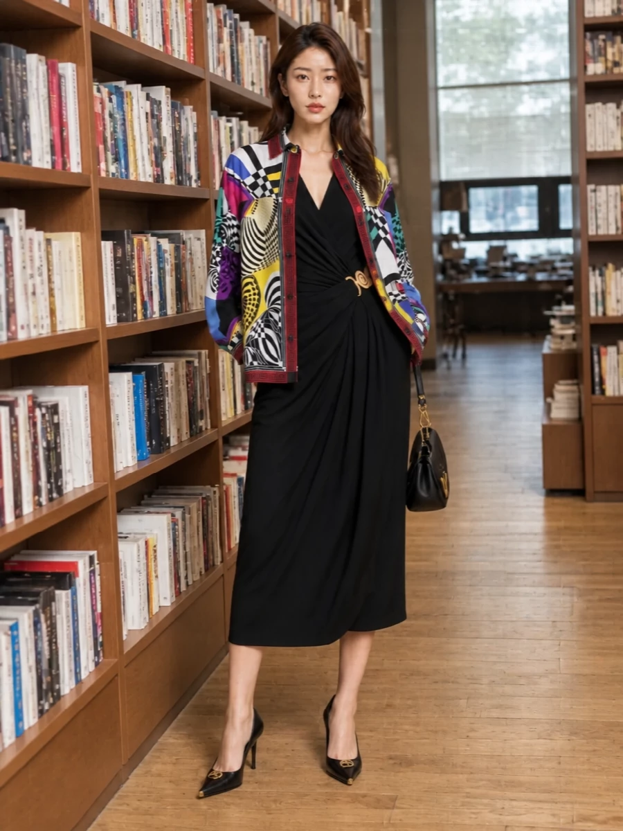 Versace black draped midi dress outfit