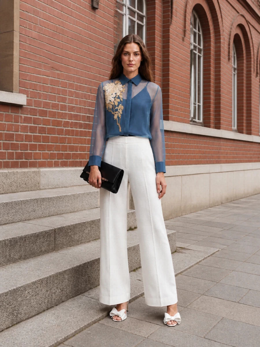 A sheer blue floral shirt meets fluid ivory tailoring for a soft yet decisive evening statement. The long wide-leg trouser balances the transparency, while white crystal slingbacks and a graphic black clutch sharpen the romance. It is polished enough for gallery openings or dinner reservations without feeling heavy in warm weather.