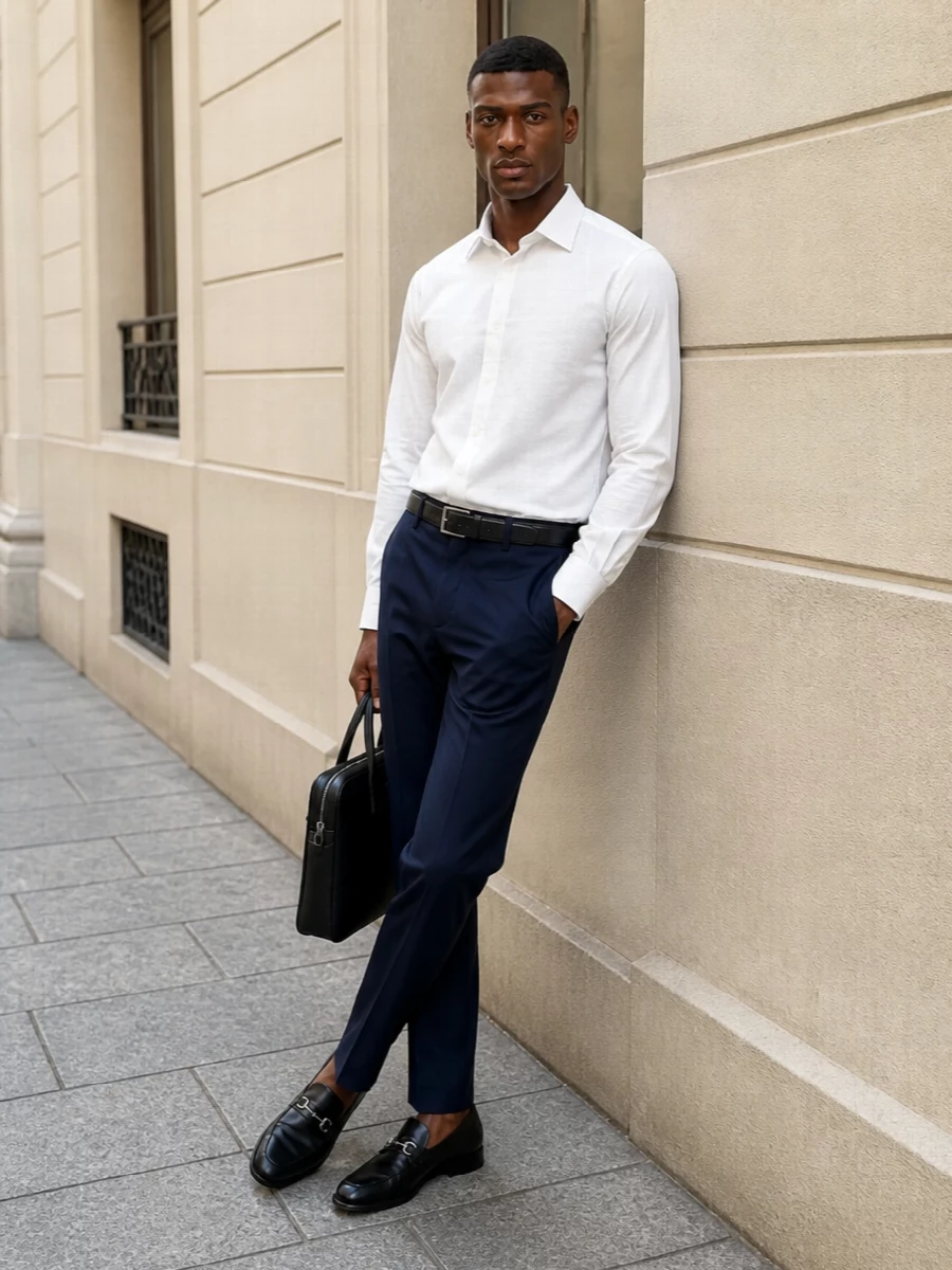 Zegna shirt navy trousers prada briefcase outfit