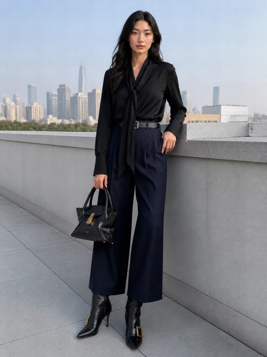Balmain navy wide leg trousers black silk blouse