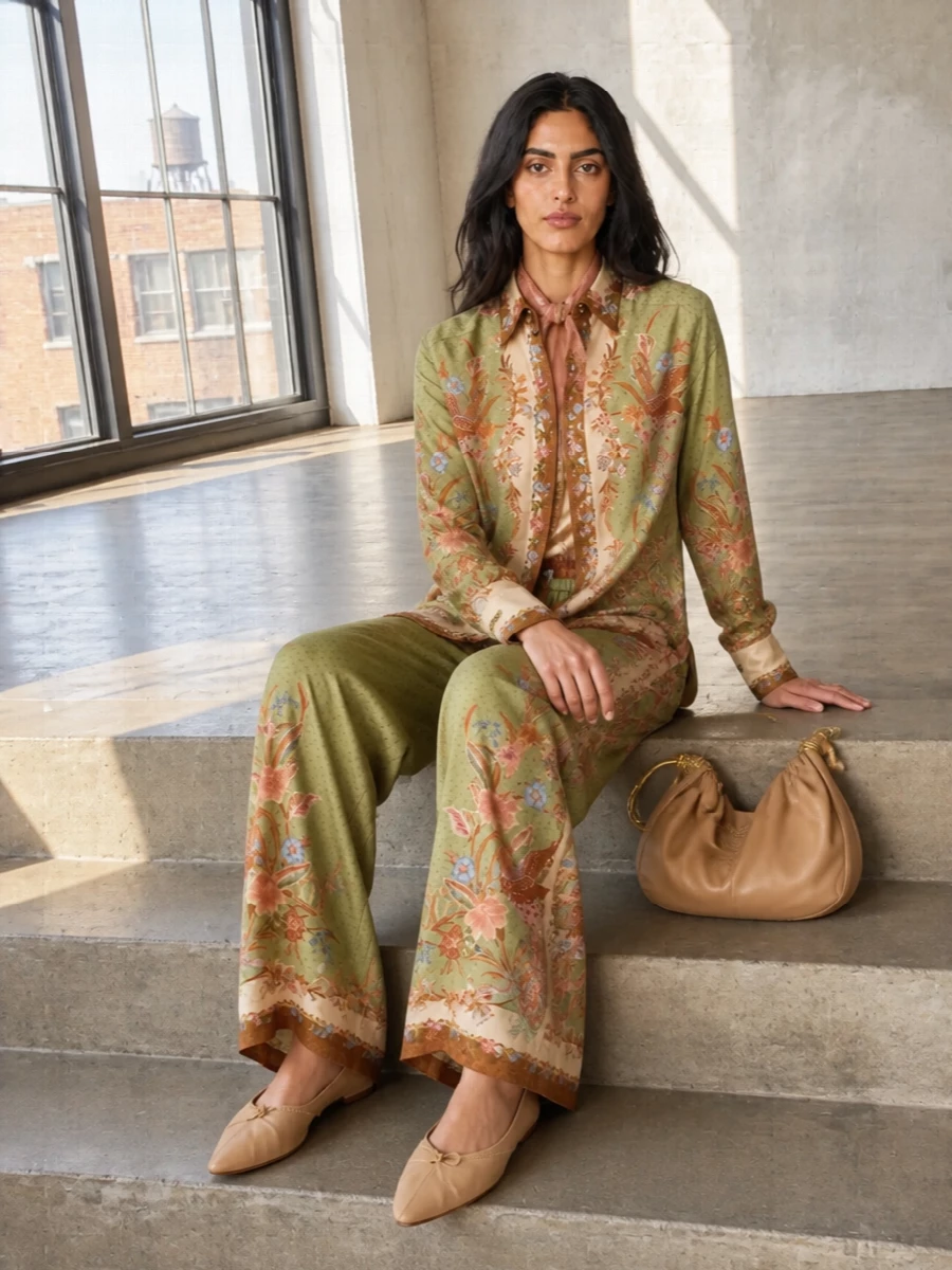 Zimmermann floral silk shirt wide leg pants outfit