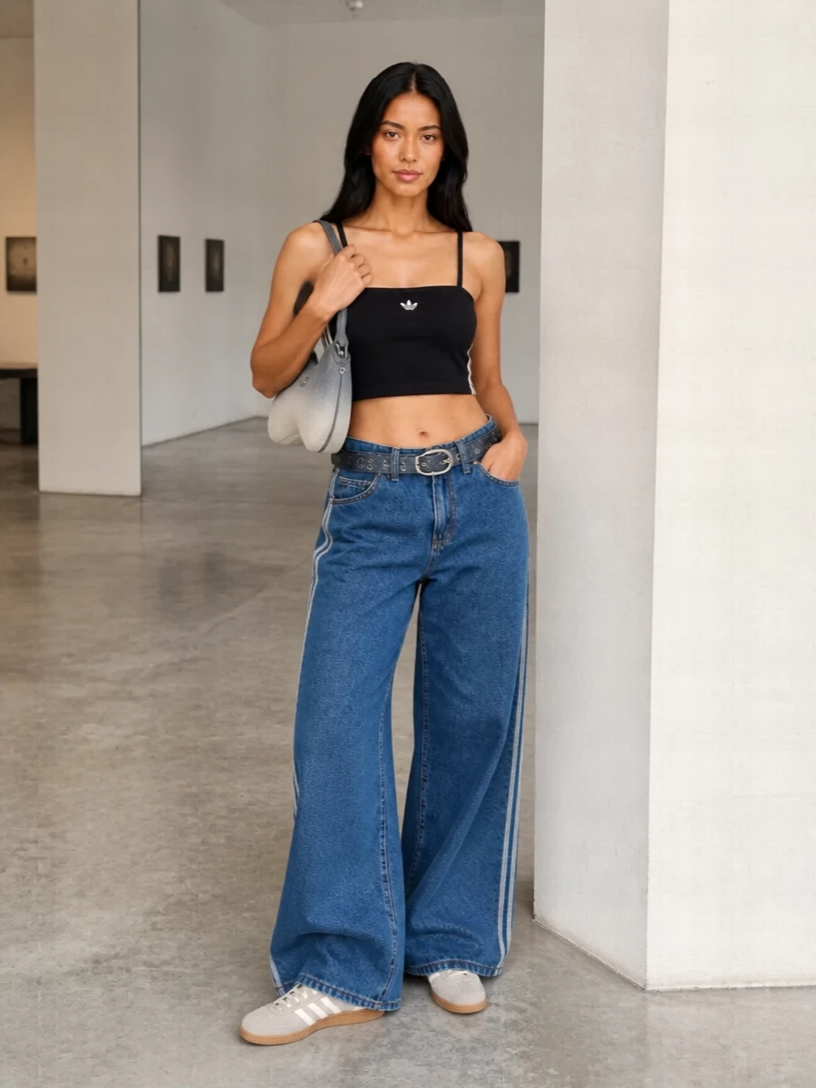 Adidas wide leg jeans crop top sneakers outfit