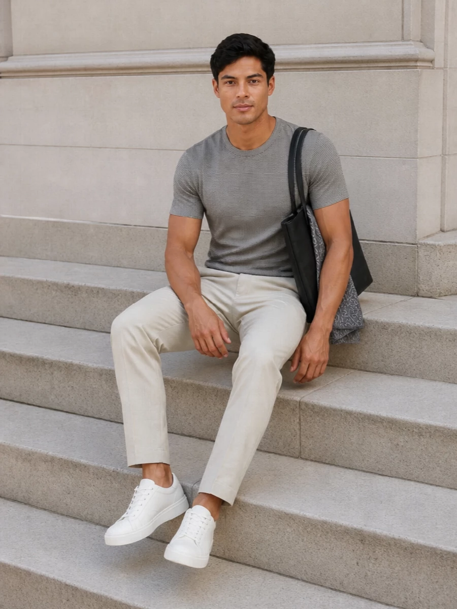 The micro-check tee is paired with clean light beige tailoring for a calm, modern take on smart casual. Creamy off-white sneakers keep it relaxed without losing sharpness, while the structured black tote and tonal grey scarf introduce just enough contrast and texture to feel considered, not busy.