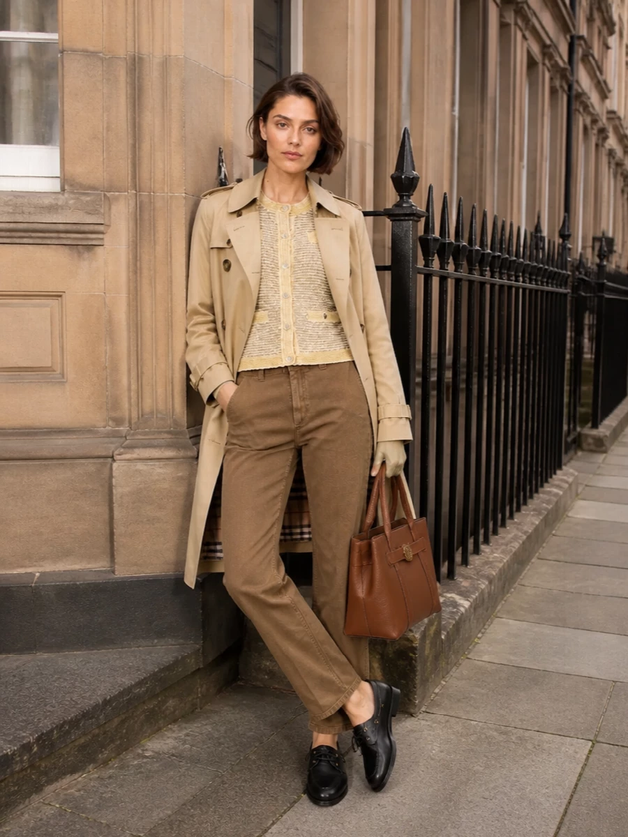 I kept this as a trouser-and-knit pairing under the Burberry trench rather than a dress, to preserve its classic city-uniform attitude of coat, knit and tailored leg. The tweed-effect cardigan and denim-inspired Brunello trouser echo the trench’s heritage codes without feeling matchy, while the black loafers and structured Mulberry tote sharpen the palette around the coat’s buttons. The result is a quietly luxurious, desk-to-dinner combination that feels composed but not over-tailored for spring days in the city.