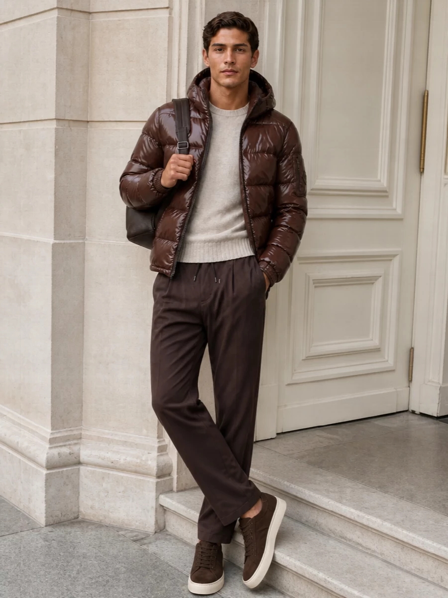 Herno puffer brown trousers sneakers