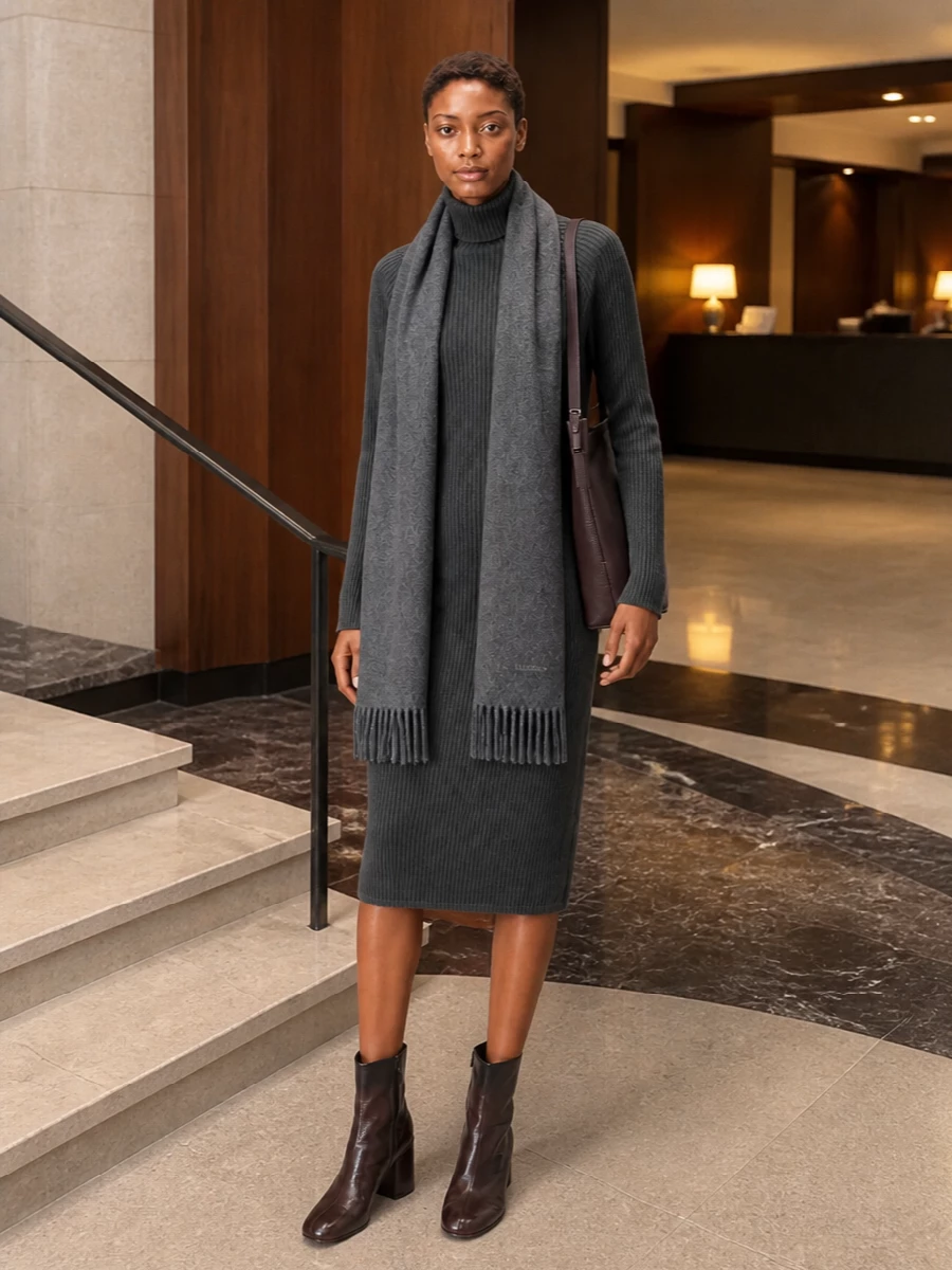 Charcoal, chocolate and warm beige create a calm, tonal story that feels considered without trying too hard. The ribbed knit column is gently anchored by the solid block-heel boots and a slim leather shoulder bag for an easy city uniform. It is relaxed enough for weekends yet polished enough for a discreet office day with sheer tights and simple jewelry.