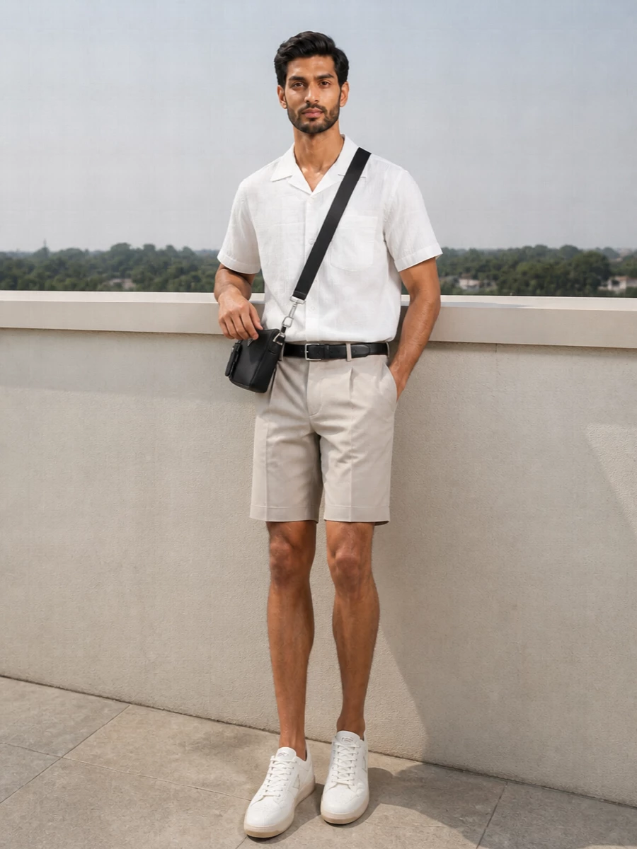 Prada beige shorts white shirt sneakers