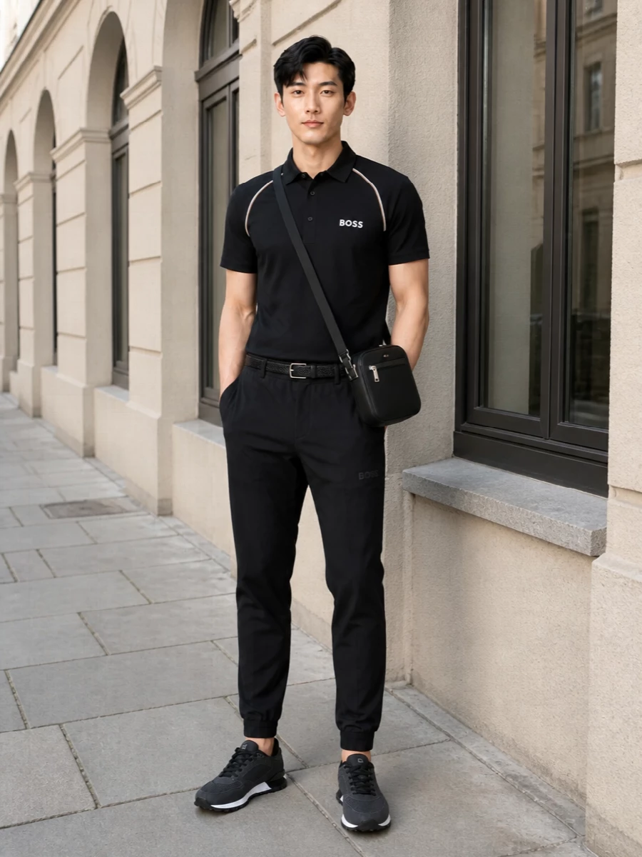 Boss mens black polo track pants outfit