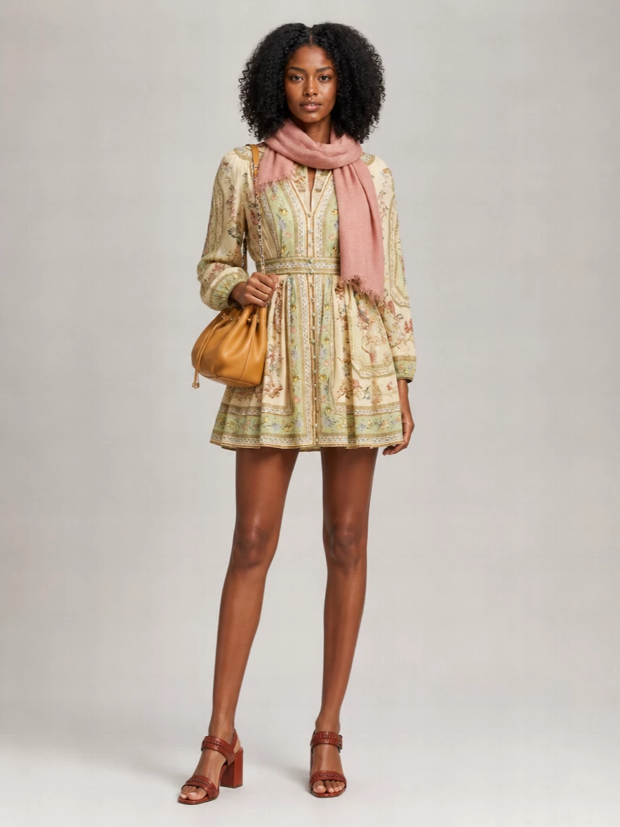 Zimmermann Linen Floral-Print V-Neck Long-Sleeve Mini Dress