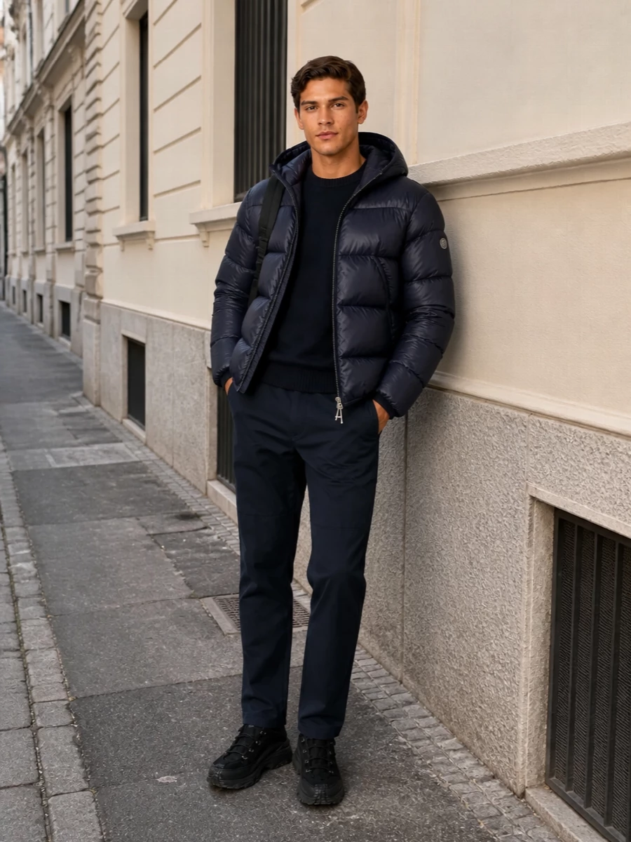 Moncler navy puffer technical pants sneakers
