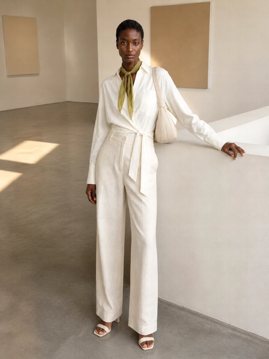 Andamane ivory wrap shirt wide leg trousers