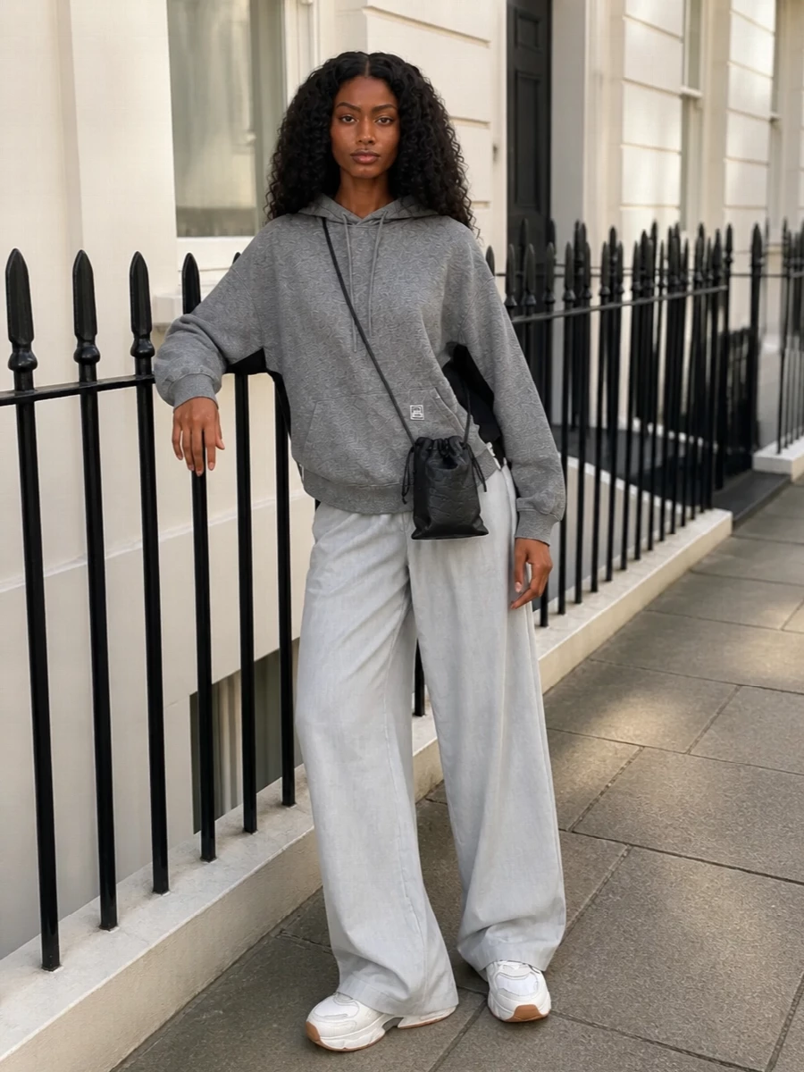 A sculptural grey Mm6 hoodie and matching wide-leg track pant create a relaxed, almost monochrome base that lets the technical Golden Goose runners shine. The soft greys and off-whites keep everything light and modern, while the long-line proportions read like a considered street set rather than loungewear. A small black Balenciaga pouch finishes it with just enough structure and logo attitude for city days.