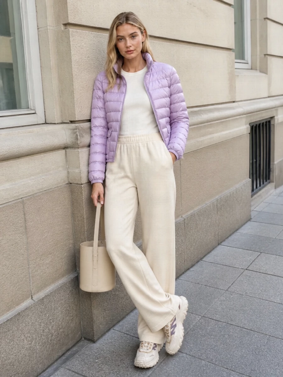 Lilac puffer jacket outfit wide leg trousers