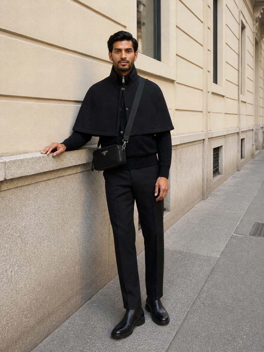 Prada mens black cape tailored trousers outfit