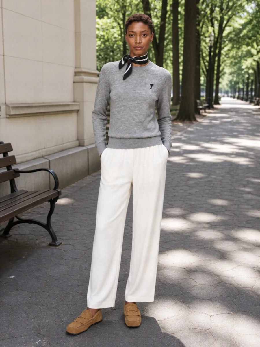 Ami grey sweater off white trousers outfit