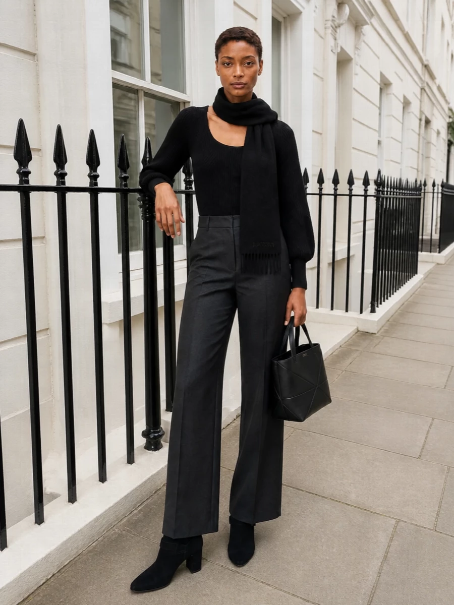 A black ribbed scoop-neck knit meets long, high-waisted charcoal tailoring for a slim-through-the-top, elongated-through-the-leg profile that reads calm and assured. Block-heel ankle boots keep it grounded yet refined, while a structured black tote and slim black scarf add just enough structure and texture for office-to-dinner days in the city.
