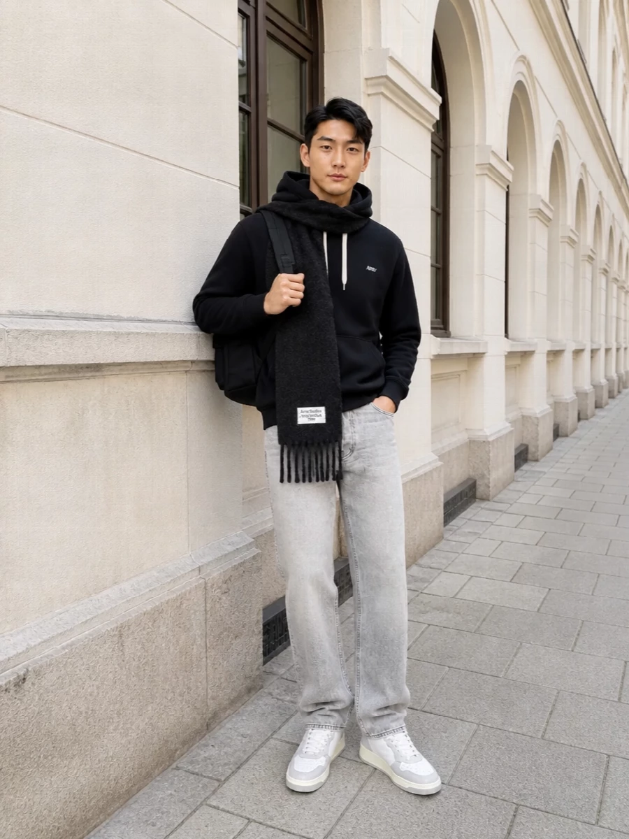 Autry hoodie grey haikure jeans white sneakers