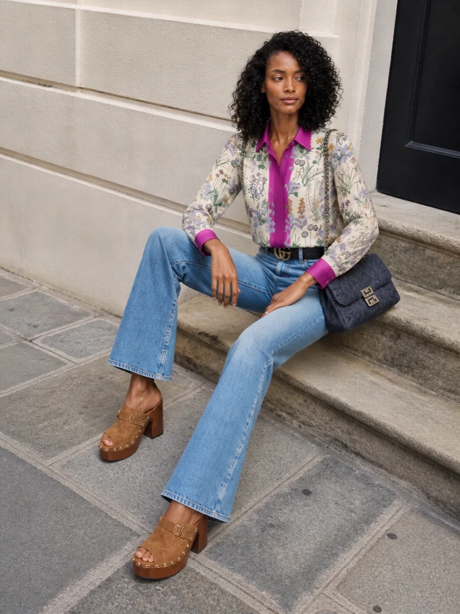 Gucci flared jeans boho blouse outfit