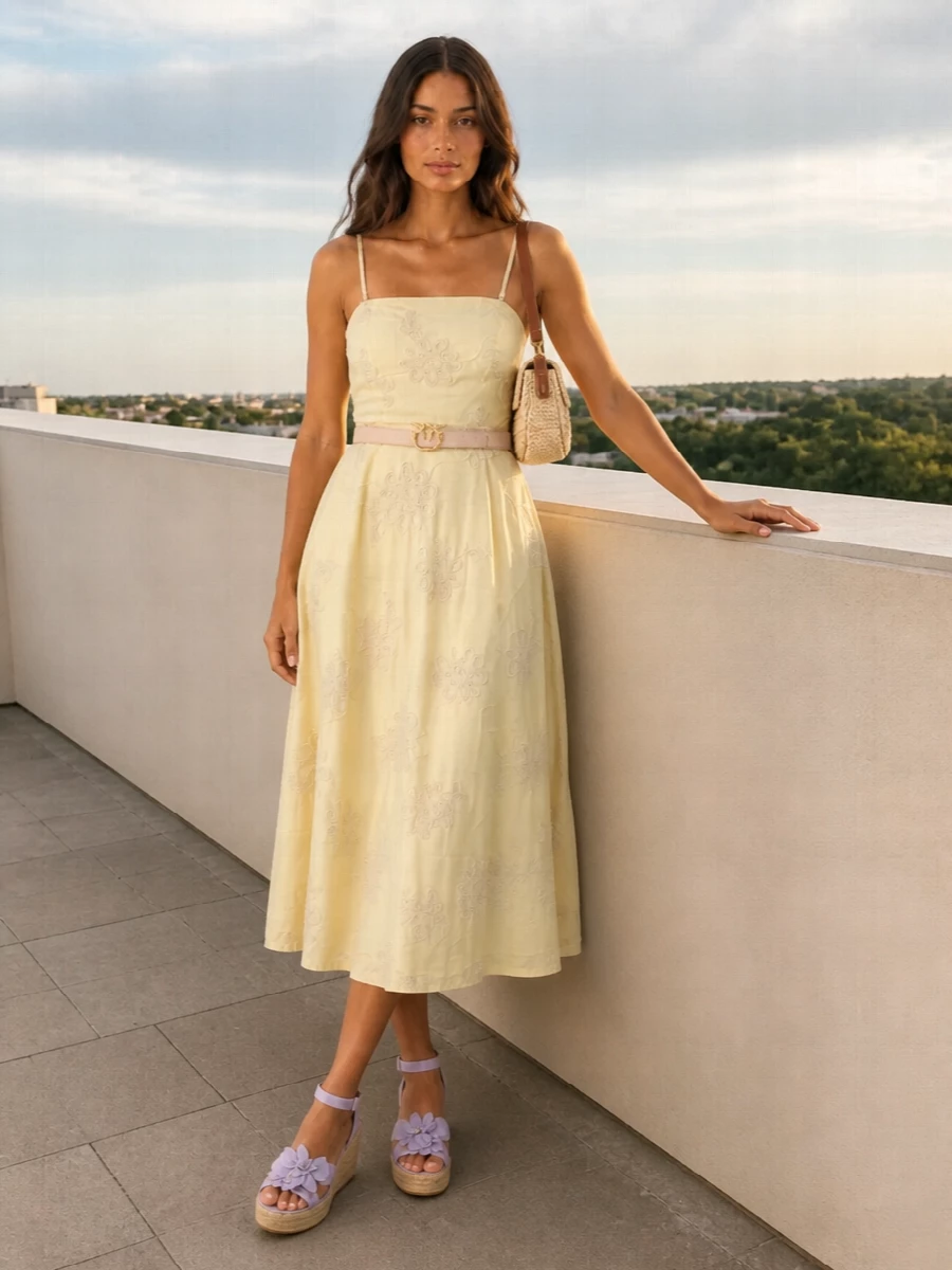 Rotate yellow midi dress espadrille wedges raffia bag