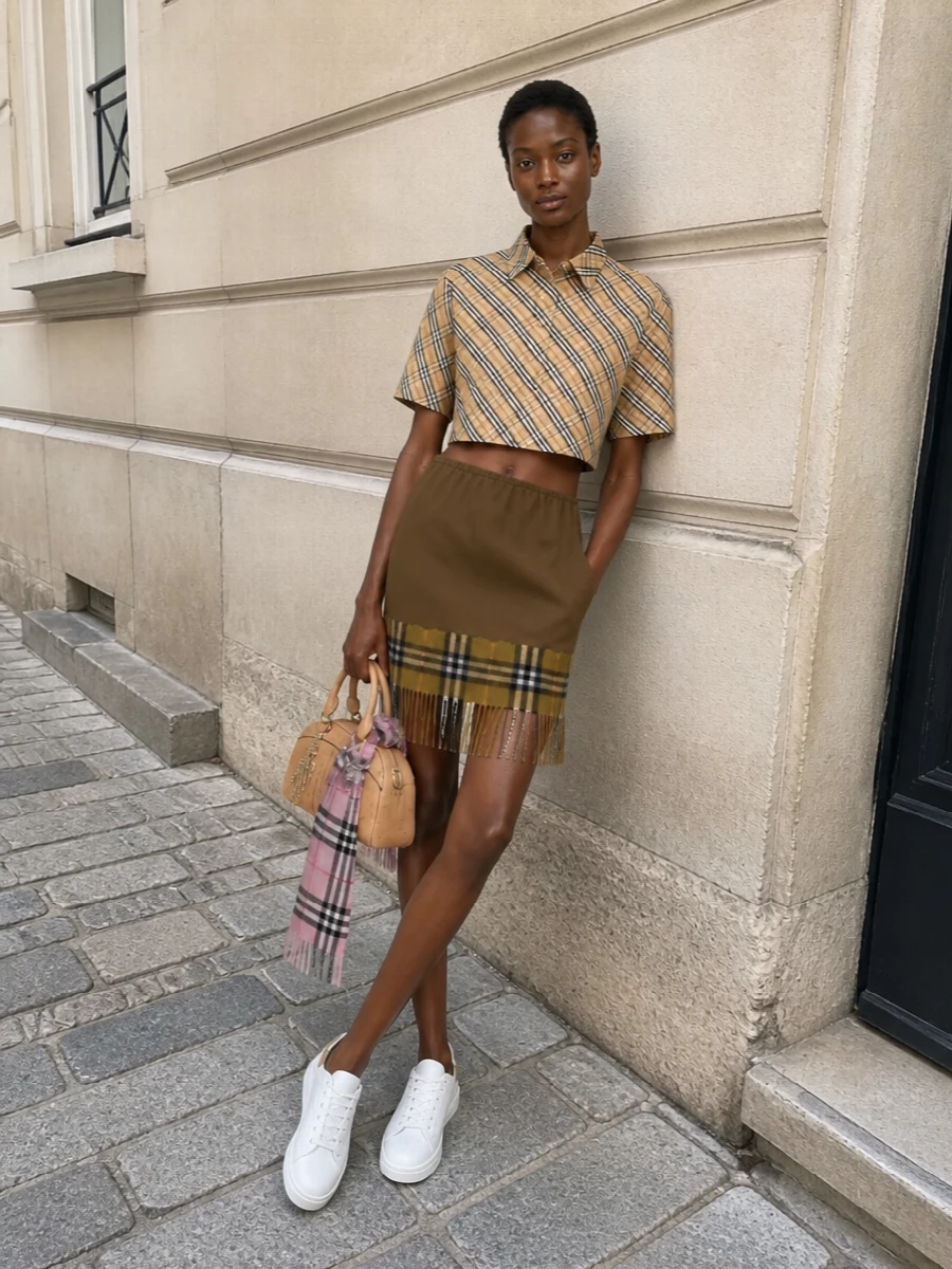 Burberry checked shirt camel mini skirt outfit