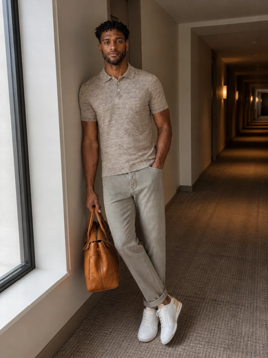 Brunello cucinelli polo taupe trousers white sneakers