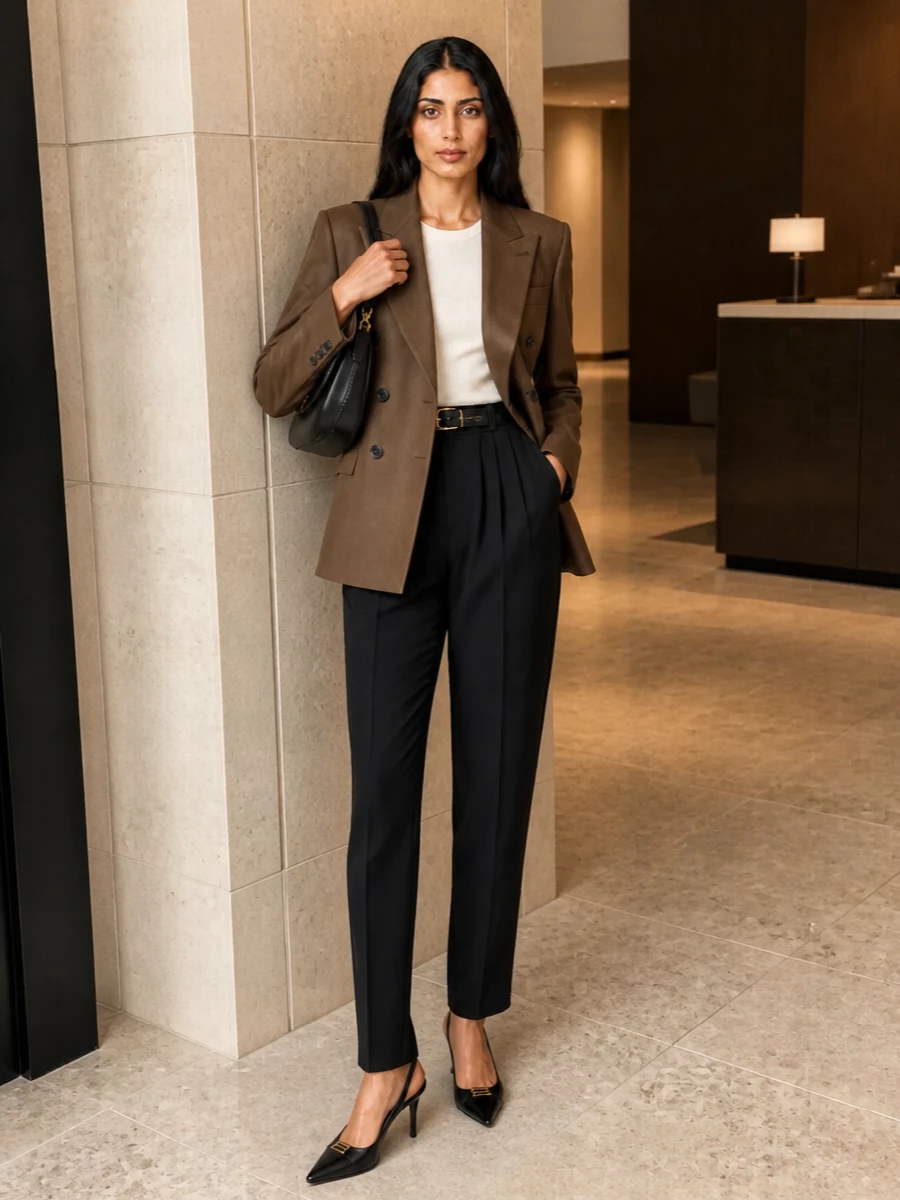 Saint laurent taupe blazer black trousers