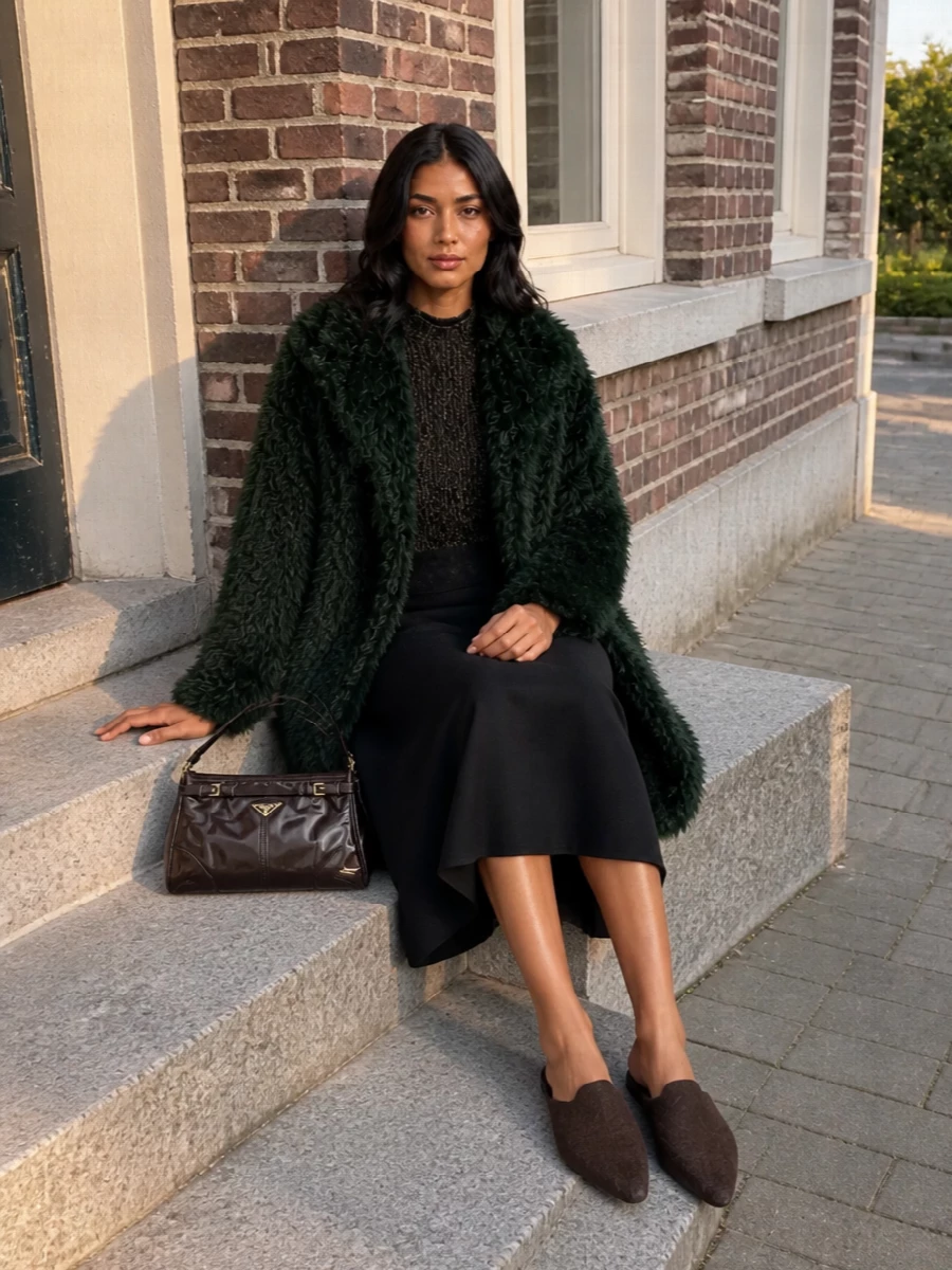 Prada forest faux fur coat black midi dress