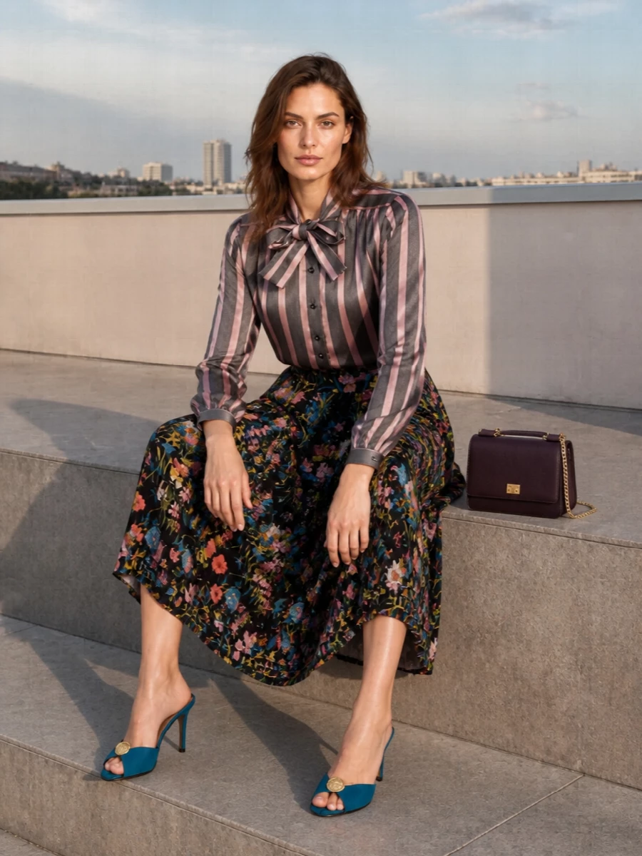 A romantic garden-party skirt is reimagined for city evenings with a bow-neck Valentino blouse that feels soft, polished and quietly dramatic. Teal stilettos pick up the skirt’s jewel tones, while a deep plum mini bag adds rich contrast without stealing focus. The result is feminine, fluent and ready for dinner, drinks and anything after dark.