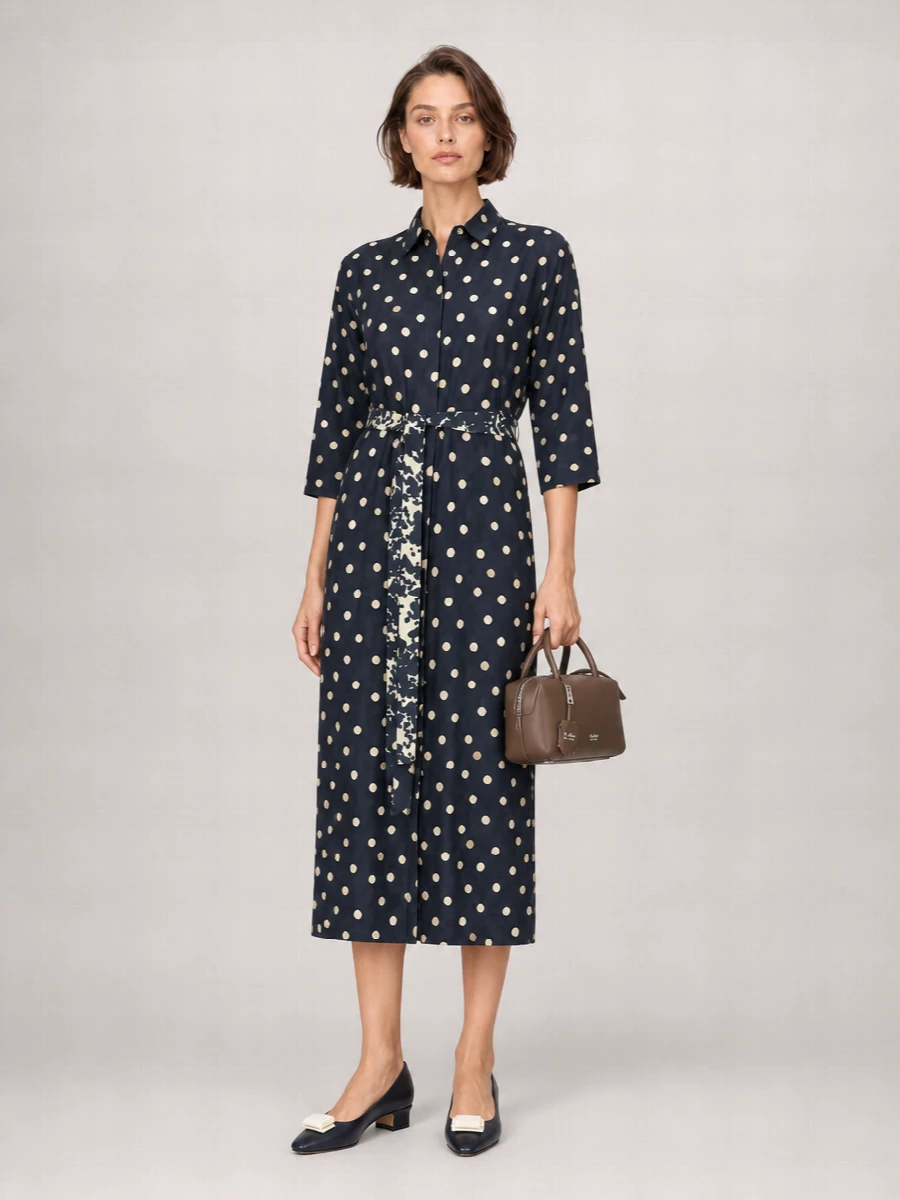 S Max Mara Silk Polka-Dot Midi Shirt Dress