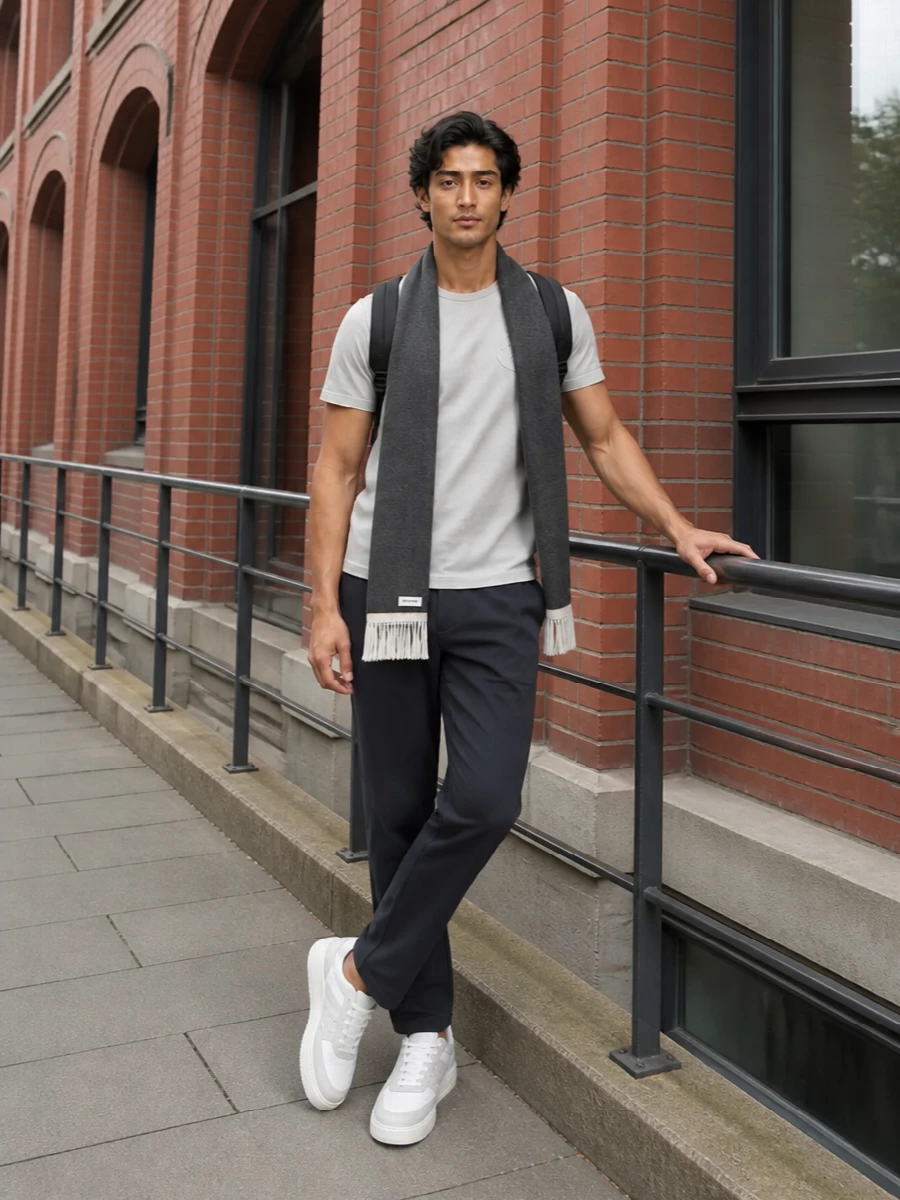 Moncler grey tee charcoal pants white sneakers