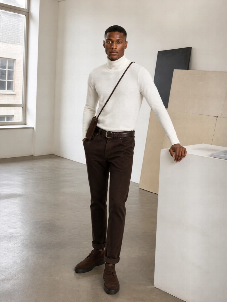 Dondup brown jeans off white turtleneck outfit