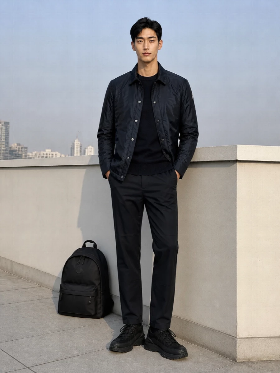 Moncler navy padded jacket trail sneaker outfit