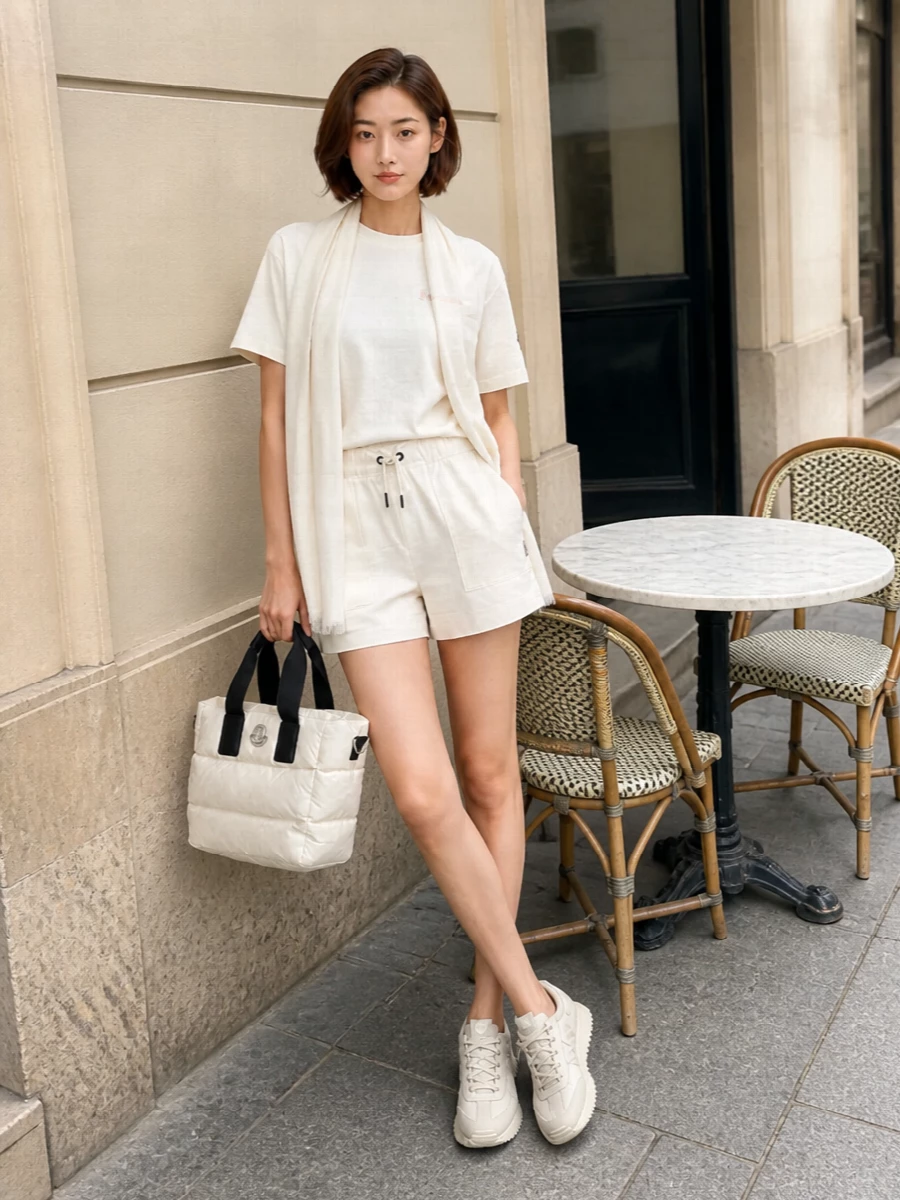 Moncler off white t shirt high rise shorts outfit
