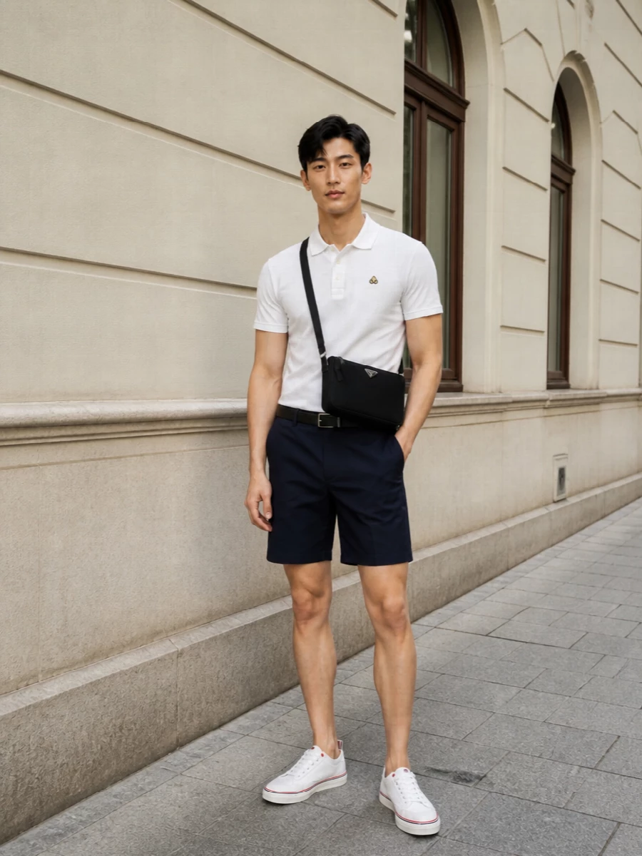 A crisp white polo meets tailored navy shorts for a modern, country-club-on-city-streets mood. White low-top sneakers keep the line clean, while a slim black belt and Prada crossbody add quiet structure and polish. The result is an easy uniform for travel days, terrace lunches, or relaxed evening plans where you still want to feel considered.