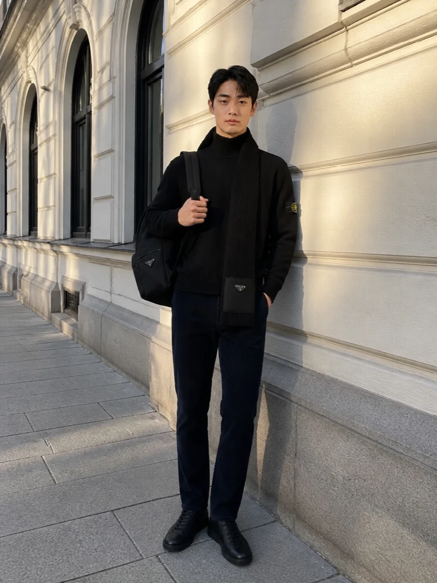 A black Stone Island turtleneck sits over deep navy corduroy, giving a tight, tonal read that feels intentional rather than flat. Black Margiela sneakers and a structured Prada backpack keep everything in the same quiet, technical register, while the ribbed scarf adds subtle depth without breaking the dark palette. The result is a winter city uniform that feels low-key, brand-forward and sharply put together from head to toe.