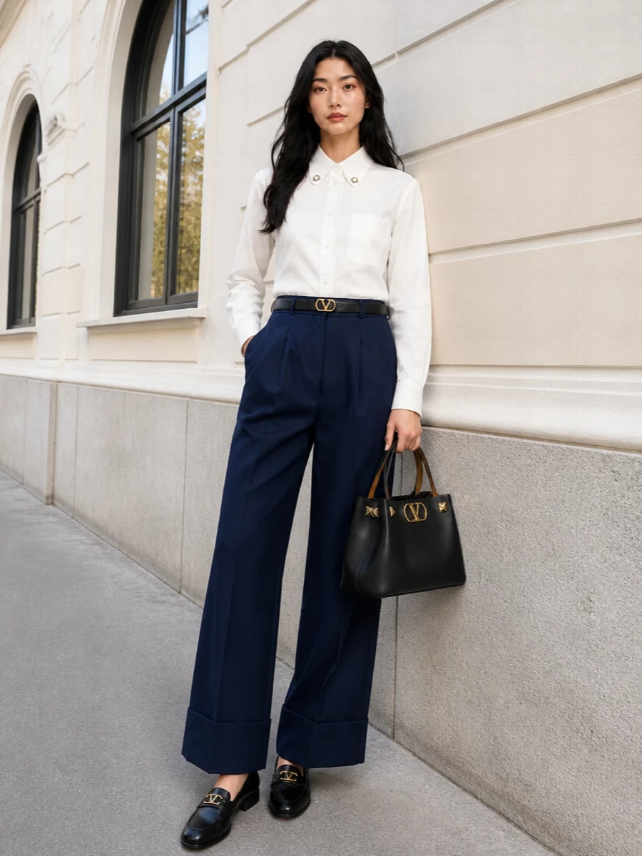 Valentino blue trousers white shirt outfit