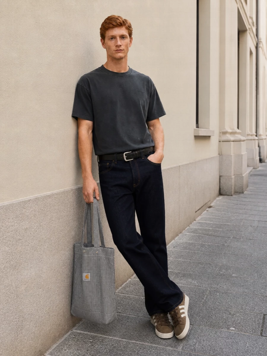 Carhartt denim charcoal tee adidas sneakers