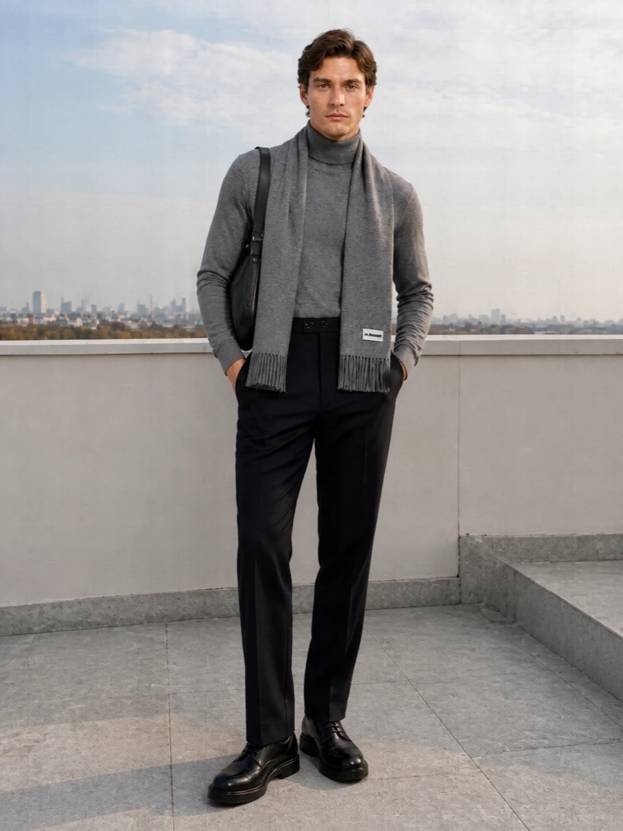 John smedley grey turtleneck jil sander navy trousers
