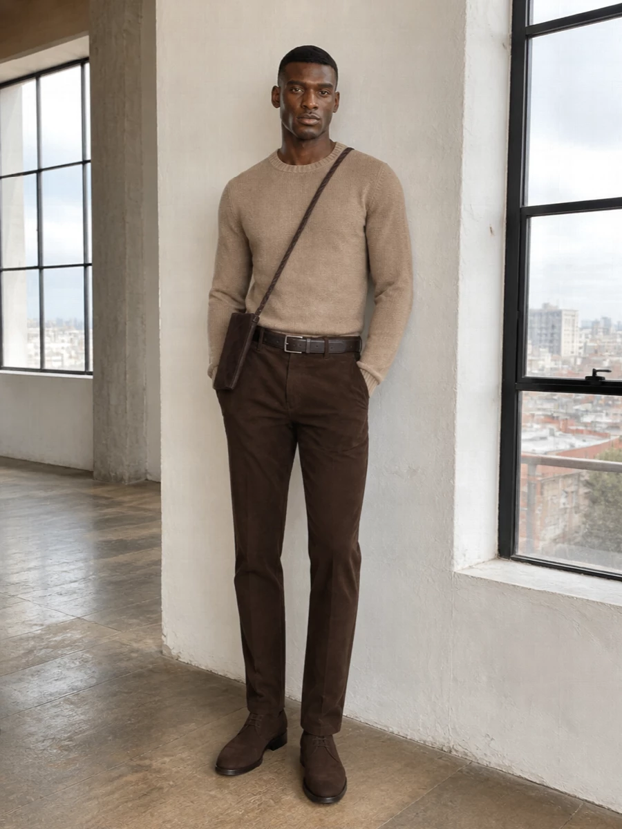 Warm browns and camel keep this outfit firmly in the quiet luxury space, with fine corduroy and soft knitwear creating a rich but understated texture story. Dark suede desert boots and a slim leather belt sharpen the silhouette just enough for casual offices or city dinners, while the compact crossbody keeps it modern and unfussy. It is a polished, autumn-ready combination that feels put together without ever reading fussy.