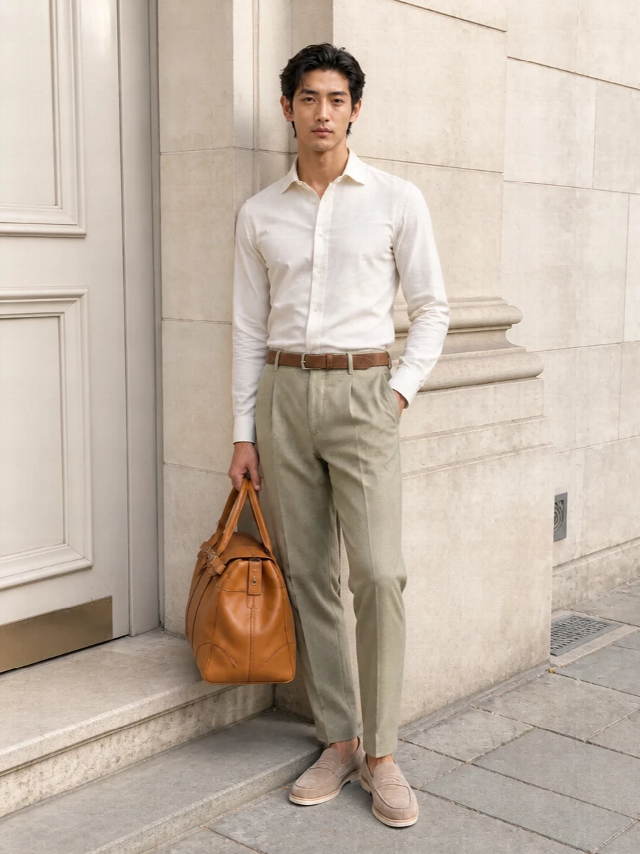 Brunello cucinelli sage trousers off white shirt