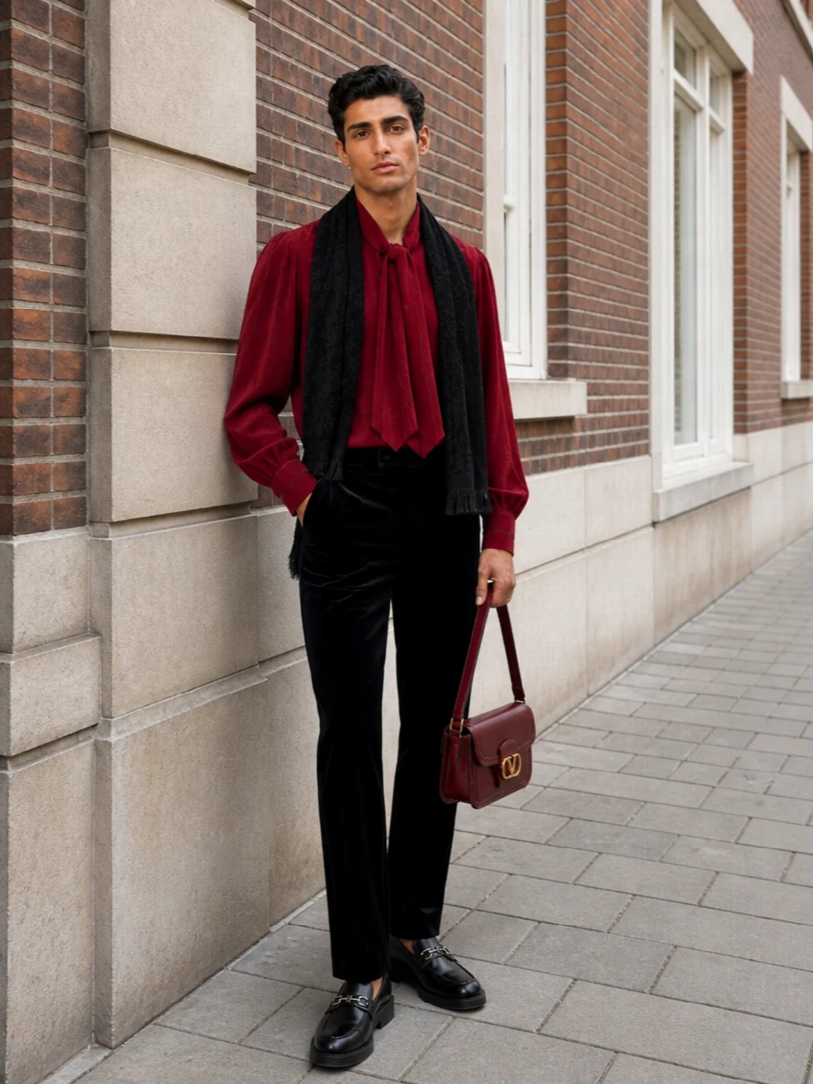 Gucci red tie neck shirt black velvet trousers