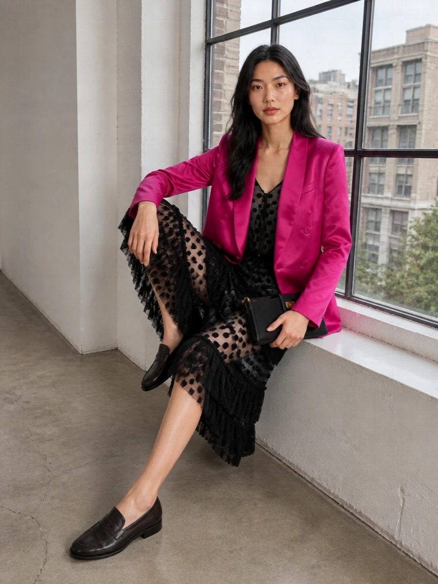 Dries van noten fuchsia blazer black tulle dress
